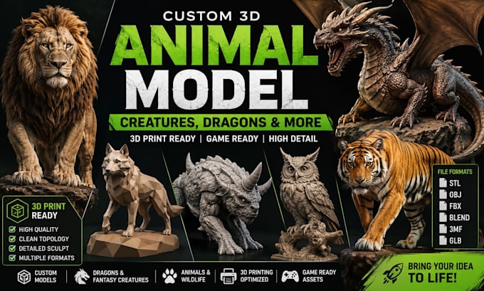 a custom 3d animal model, creature, dragon, and 3d printable sculpt