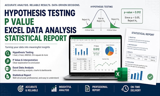 run hypothesis testing, p value, excel data analysis, and statistical reports