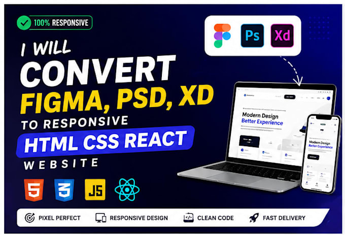 convert figma, PSD, xd to responsive HTML CSS react website
