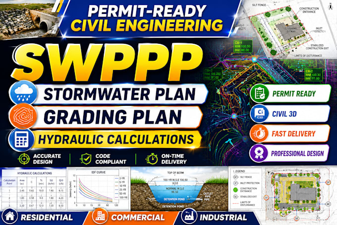 design swppp stomwater drainage plan grading plan hydraulic calculation