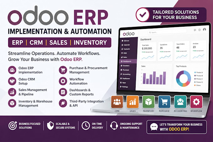 implement odoo erp, CRM, sales, inventory and workflow automation