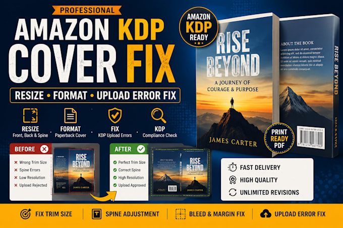 fix, resize and format rejected amazon KDP book cover and KDP upload errors