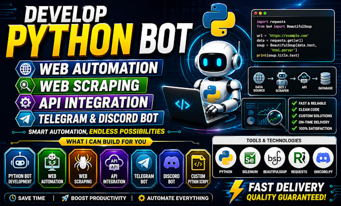 build python bot, api boot, telegram discord bot, web bot, python application