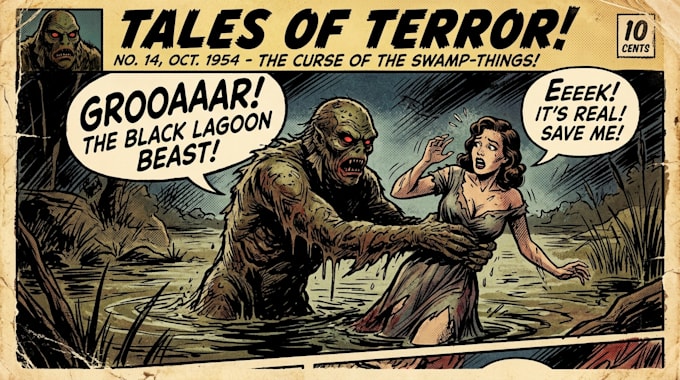 create vintage horror illustration with comic art style