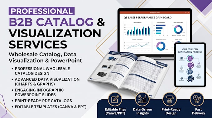 create b2b wholesale catalog, data visualization slides, infographic powerpoint