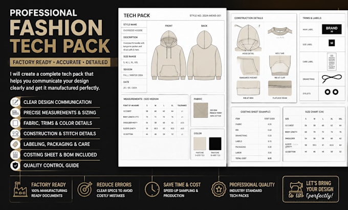 fashion tech pack for garment production,  sampling, costing , quality control
