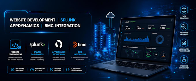 develop website, splunk dashboard, appdynamics and bmc integration solution