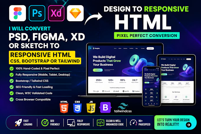 convert figma, PSD, xd or sketch to responsive HTML CSS bootstrap website