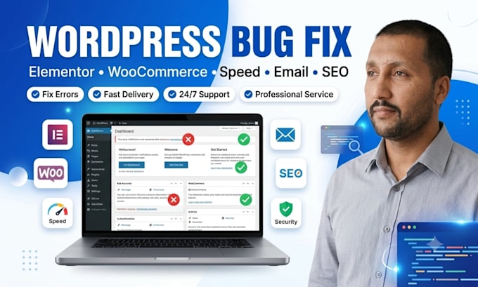 fix wordpress bugs, elementor, woocommerce, email and website errors