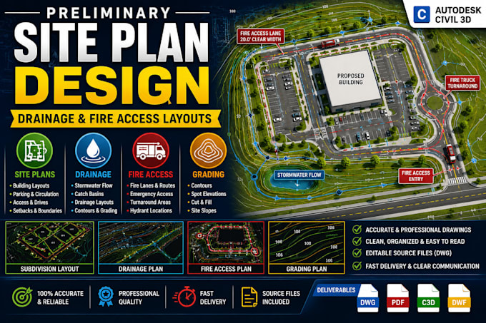 design preliminary site plans, drainage and fire access layouts