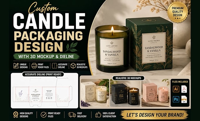 do custom candle packaging design with 3d mockup and dieline