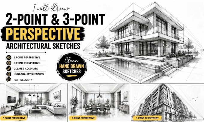 draw clean 2 point 3 point architectural perspective sketches