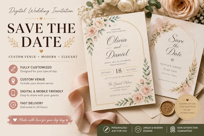 create digital wedding invitation card save the date with custom venue