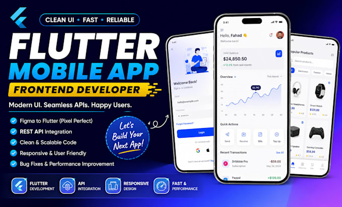 develop flutter mobile app frontend with API integration