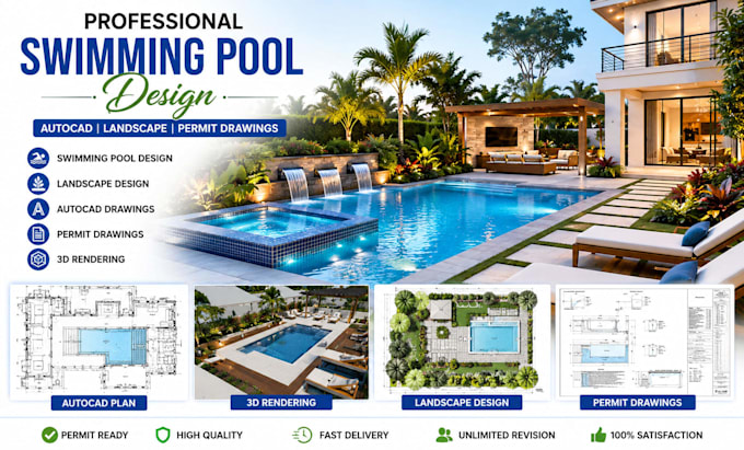 create swimming pool design, autocad drawings and 3d rendering
