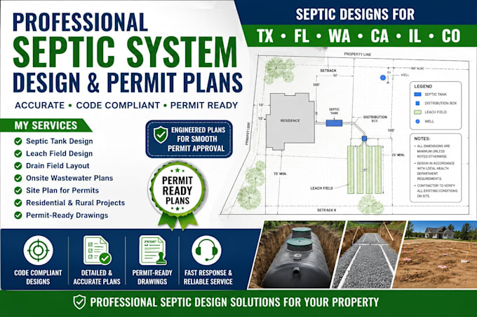 design septic systems for tx fl wa ca il co county approval
