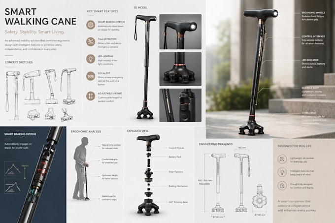 design 3d smart walking cane and smart walker products