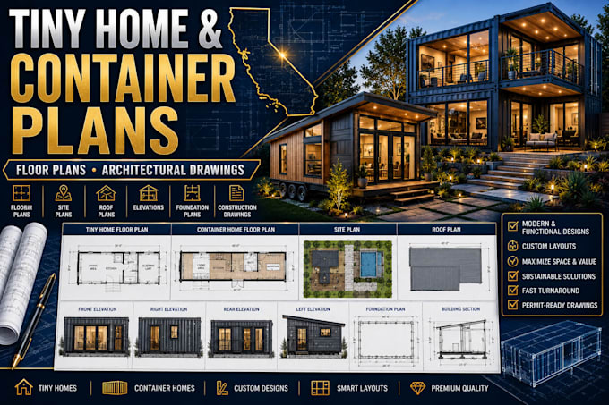 design washington tiny house plans, site plan and architectural floor drawings