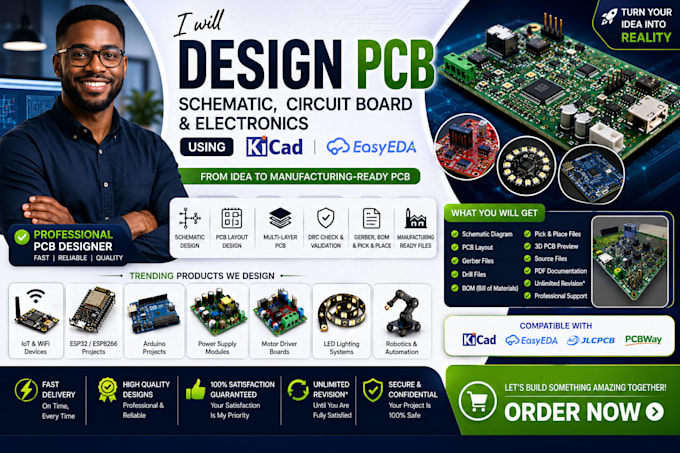 design pcb, schematic, circuit board, and electronics using kicad, or easyeda