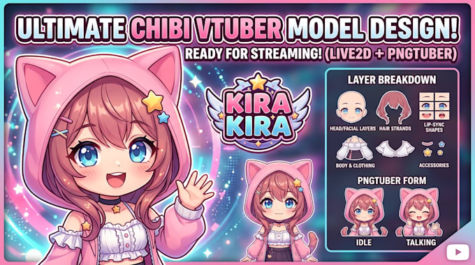create chibi vtuber model, png tuber, custom anime live2d  for streaming