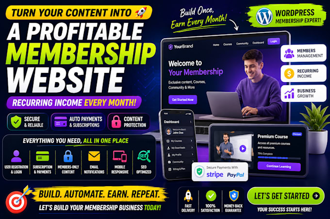 build wordpress membership website with subscription payments, user login system
