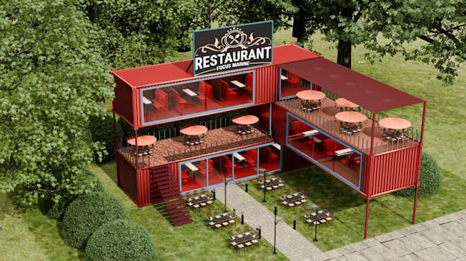 develop cgi container restaurant, pop up food court, cafe design, modular lounge