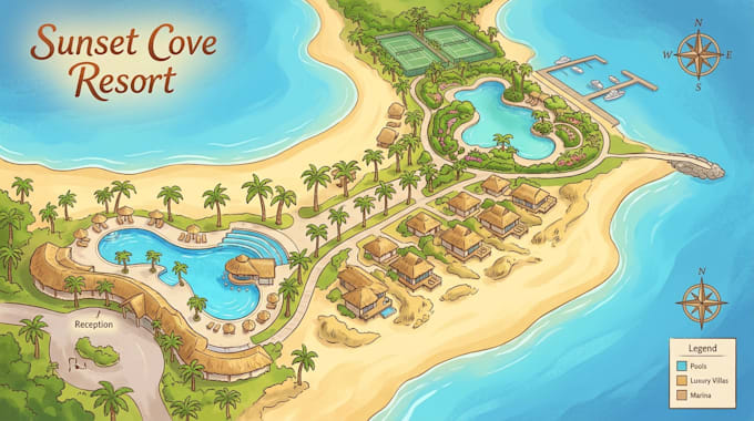 design resort map, campground map, hotel map, rv park map, and tourist map