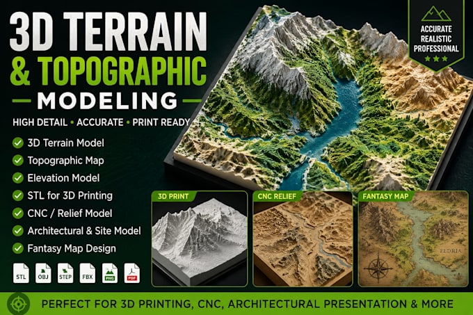do premium 3d terrain maps, topographic models, stl for cnc and 3d printing