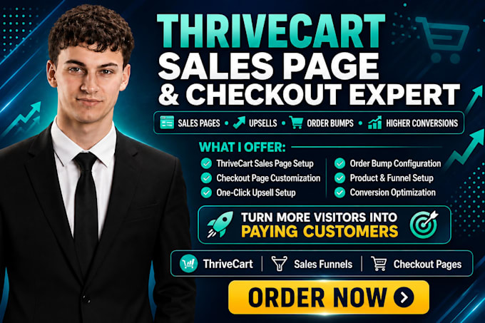 setup thrivecart sales pages, checkout customization, upsells, and order bumps