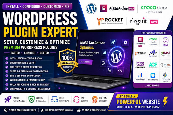 install and customize wordpress plugin,elementor pro,crocoblock,divi,wp rocket