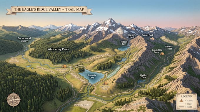 hiking map, trail map, topographic map, transit map, outdoor map illustration