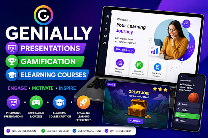 create genially presentations, gamification quizzes and elearning courses