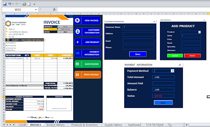 create an excel inventory system with dashboard and invoice