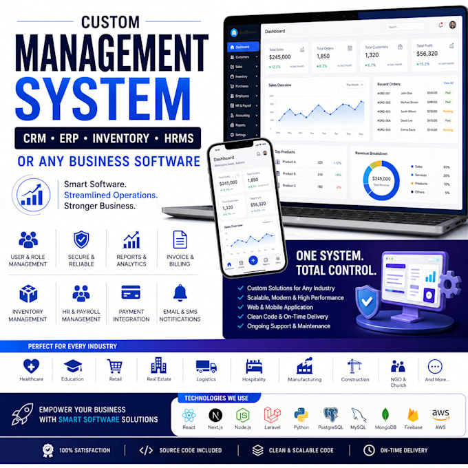 develop a custom management system, CRM, erp, inventory, hrms, or busines