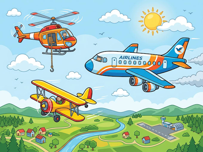 draw aircraft, airplane, helicopter into a vector cartoon