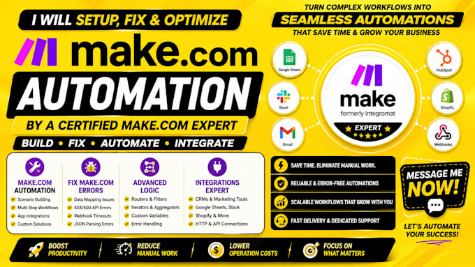 set up and fix make com automation workflows as a make com expert
