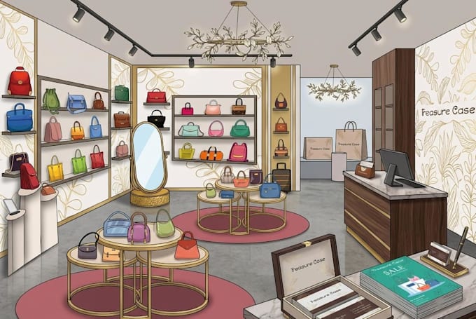 create 2d isometric illustrations for store interiors