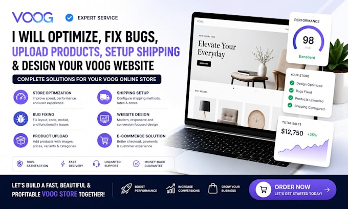 setup voog store optimization bug fixing product upload shipping website desigh