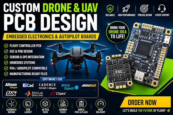 design custom drone, uav, quadcopter pcb, embedded electronics, autopilot board