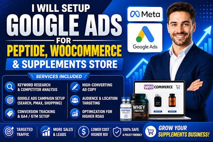 setup google ads for peptide woocommerce website and supplements store