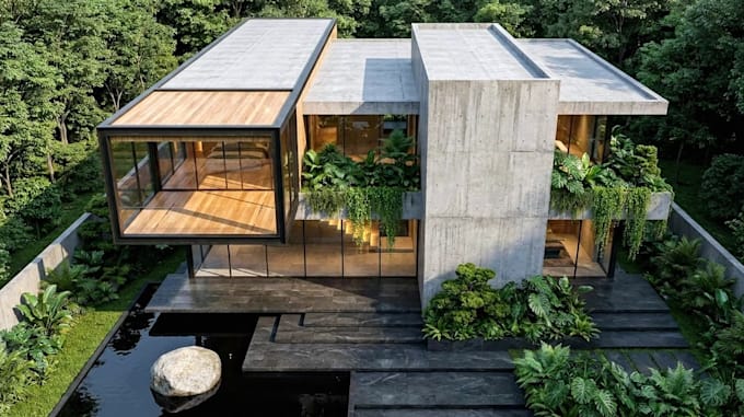 reconstruct biophilic villa exterior,basement layout to 3d render,revit interior