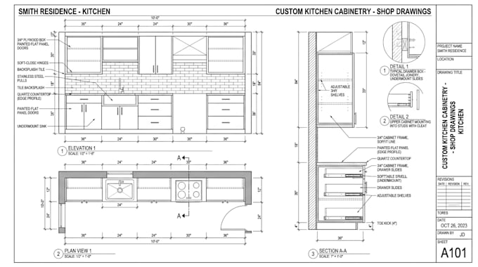 create interior shop drawings, kitchen cabinet drawings, sections and elevations