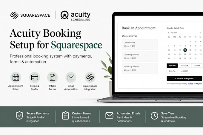 build acuity scheduling with booking, payments, intake forms and automation
