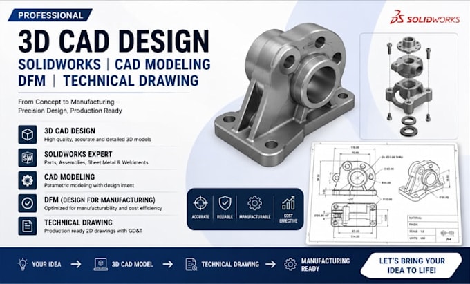 3d cad design, solidworks, cad modeling, dfm, technical drawing