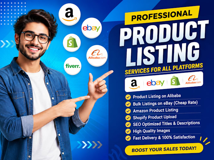 do product listing on alibaba, cheap rate bulk postings on ebay, amazon shopify
