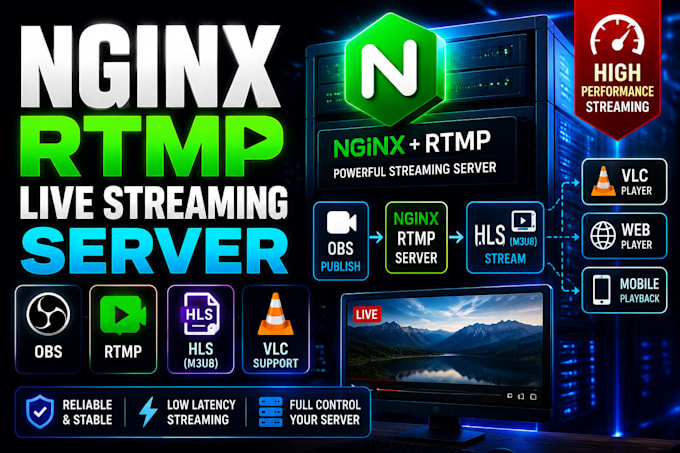set up nginx rtmp live streaming server with obs, hls and vlc support