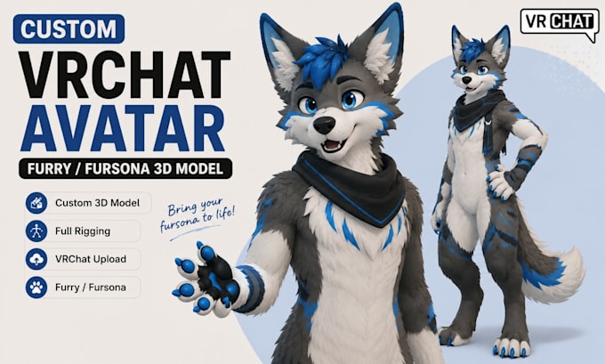 custom vrchat avatar, furry fursona 3d model with rigging and upload