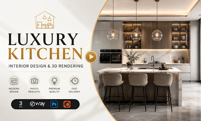 design a luxury kitchen interior with photorealistic 3d rendering