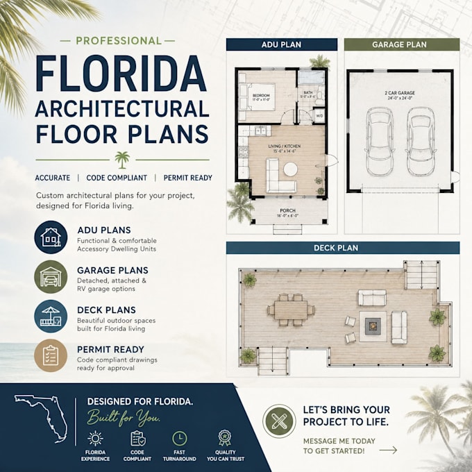 design florida architectural floor plans, adu, garage and deck plans