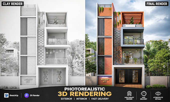 create photorealistic architectural exterior and interior renderings